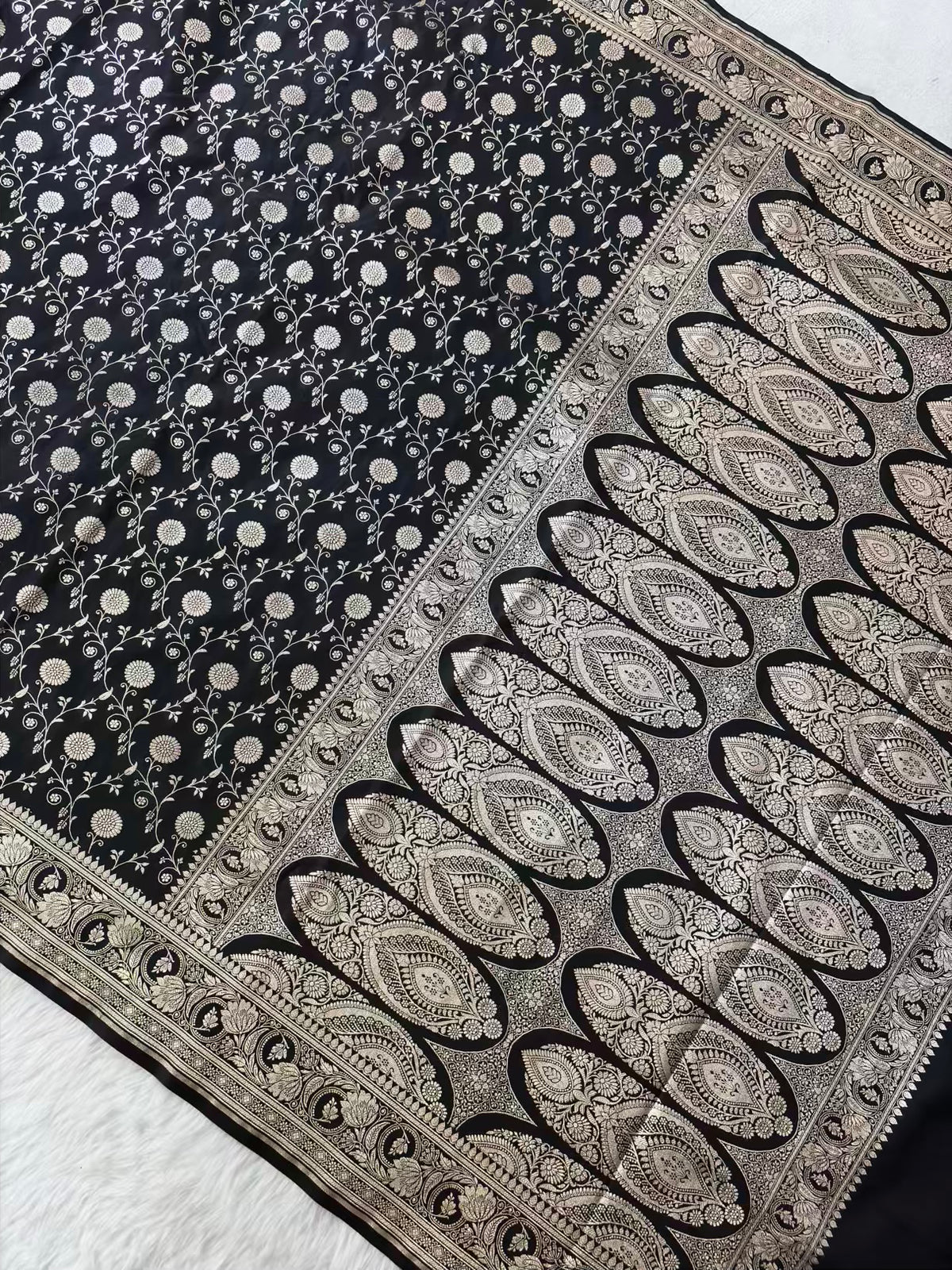 Black Satin Silk Banarasi Saree In Marigold Jaal