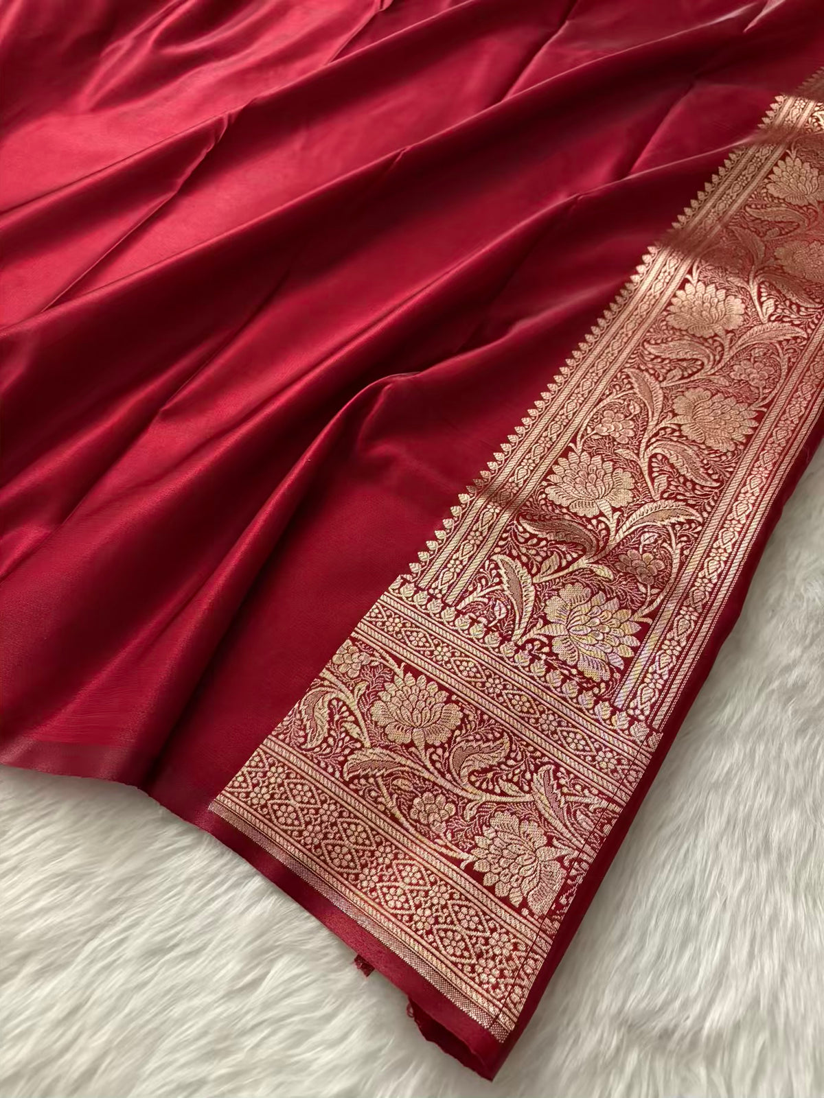 Maroon Satin Silk Banarasi Saree – Tircha Jaal
