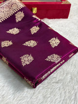 Wine Shaded New Motif Satin Silk Banarasi Saree.