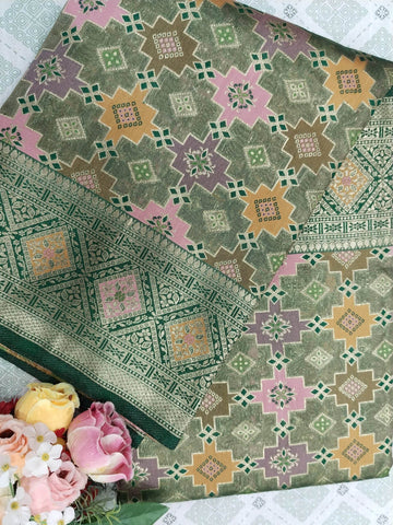 Dark Green Light Golden Zari Tissue Saree With Colourful Meena - Zohra Silk