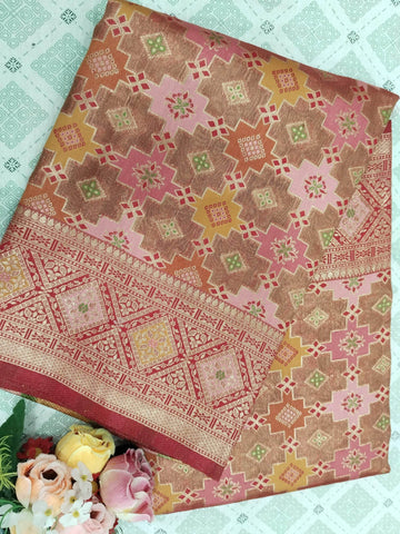 Red Light Golden Zari Work Tissue Saree With Colourful Meena - Zohra Silk