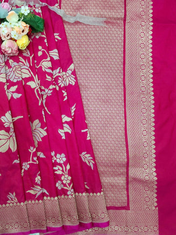 Pink with Red Tone Zari Work Pure Silk Banarasi Saree - Zohra Silk