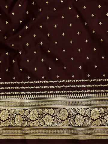 Brown Golden Zari Work Namo Satin Silk Banarasi Saare - Zohra Silk