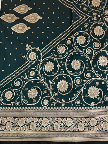 MSU Green Light Golden Zari Work Namo Satin Silk Banarasi Saare - Zohra Silk