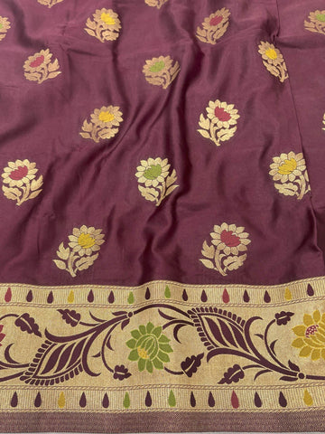 Brown Golden Zari Mashru Silk Banarasi Saree - Zohra Silk