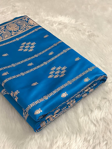 Firozi Kataan Silk Banarasi Saree – Golden Zari Buti with Long Jhalar