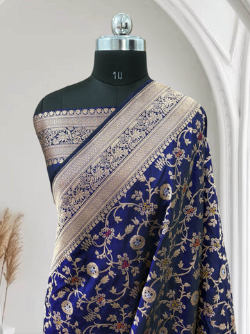 Blue Unique Jaal Pure Kataan Silk Banarasi Saree - Zohra Silk