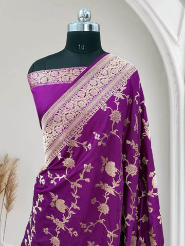 Wine Pure Kataan Silk Banarasi Saree with Simple Floral Jaal - Zohra Silk