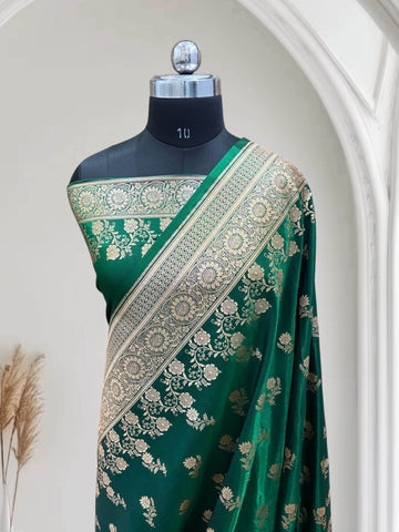 Green with Golden Zari Work and Rose Buti Design Satin Silk Banarasi Saree - Zohra Silk