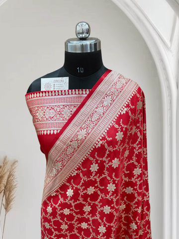 Satin Silk Banarasi Saree in Red - Zohra Silk