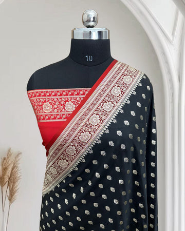 Black & Red Satin Kataan Silk Banarasi Saree