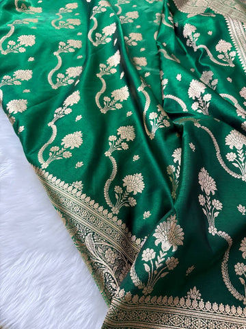 Green Satin Silk Banarasi Saree – Tircha Jaal