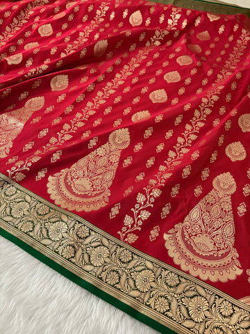 Red & Green Katan Silk Banarasi Saree – A Stunning Contrast