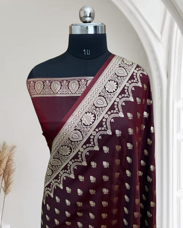 Dark Maroon Satin Silk Banarasi Saree