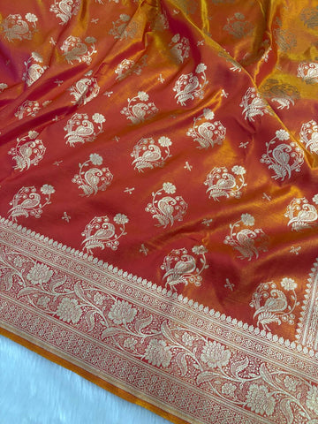 Orange with Golde Shaded Satin Silk Banarasi Saree