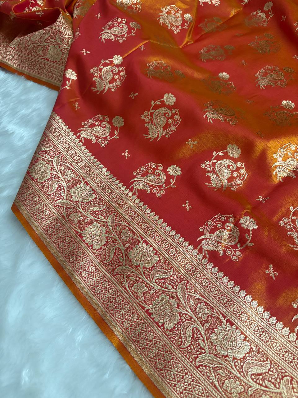 MorPankhi Orange Shaded Satin Silk Banarasi Saree