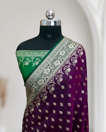 Wine with Green Pallu & Border Banarasi Saree