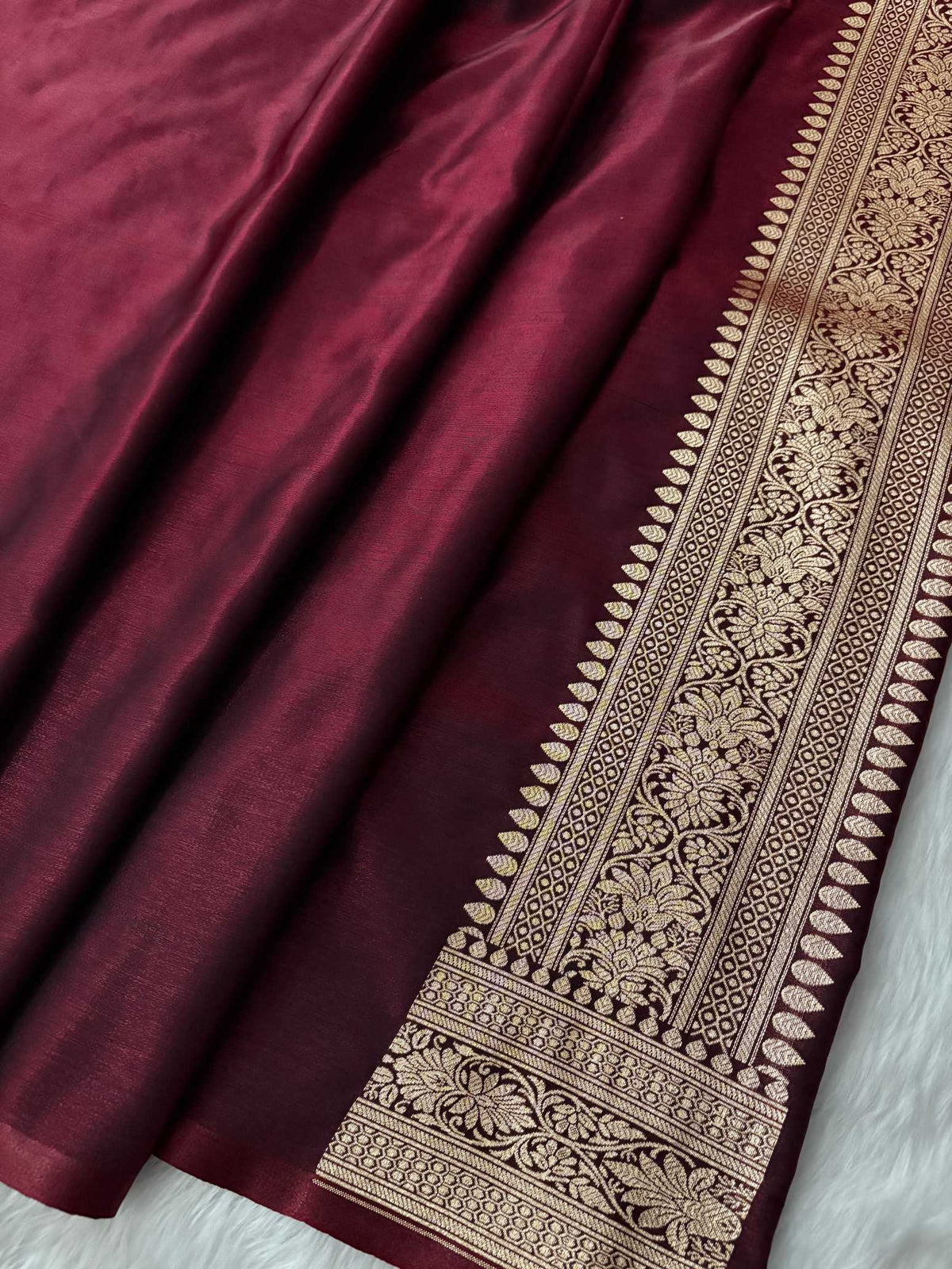 Dark Maroon Satin Silk Banarasi Motif Saree