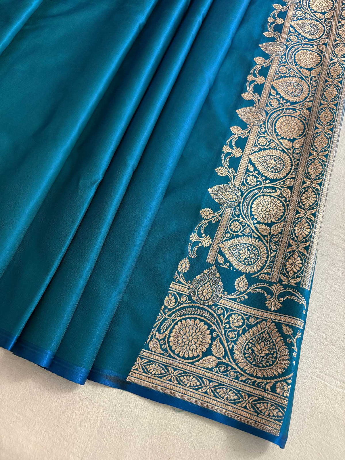 Blue-Green Bel Jaal Satin Silk Banarasi Saree