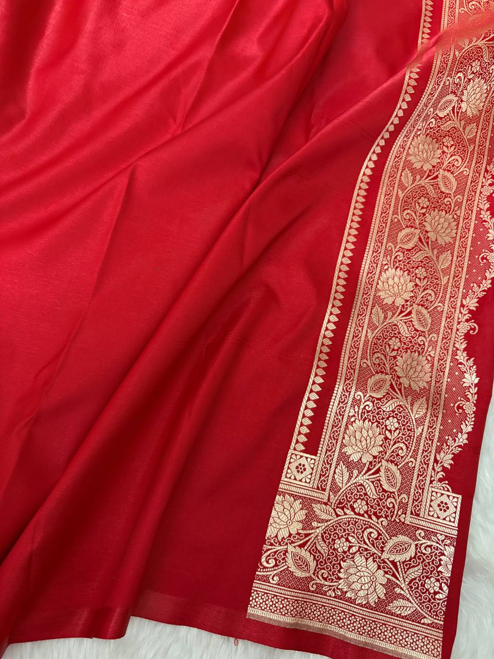 Red Satin Silk Banarasi Saree – Golden Zari Floral Jaal