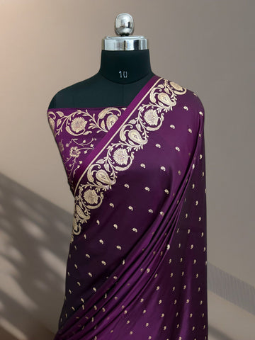 Wine Mashru Silk Banarasi Saree with Golden Zari Work