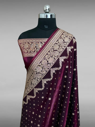Wine Satin Silk Banarasi Saree – Light Golden Zari Buti Work