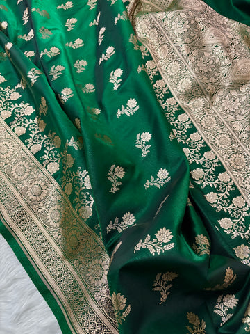 Green with Golden Zari Work and Rose Buti Design Satin Silk Banarasi Saree
