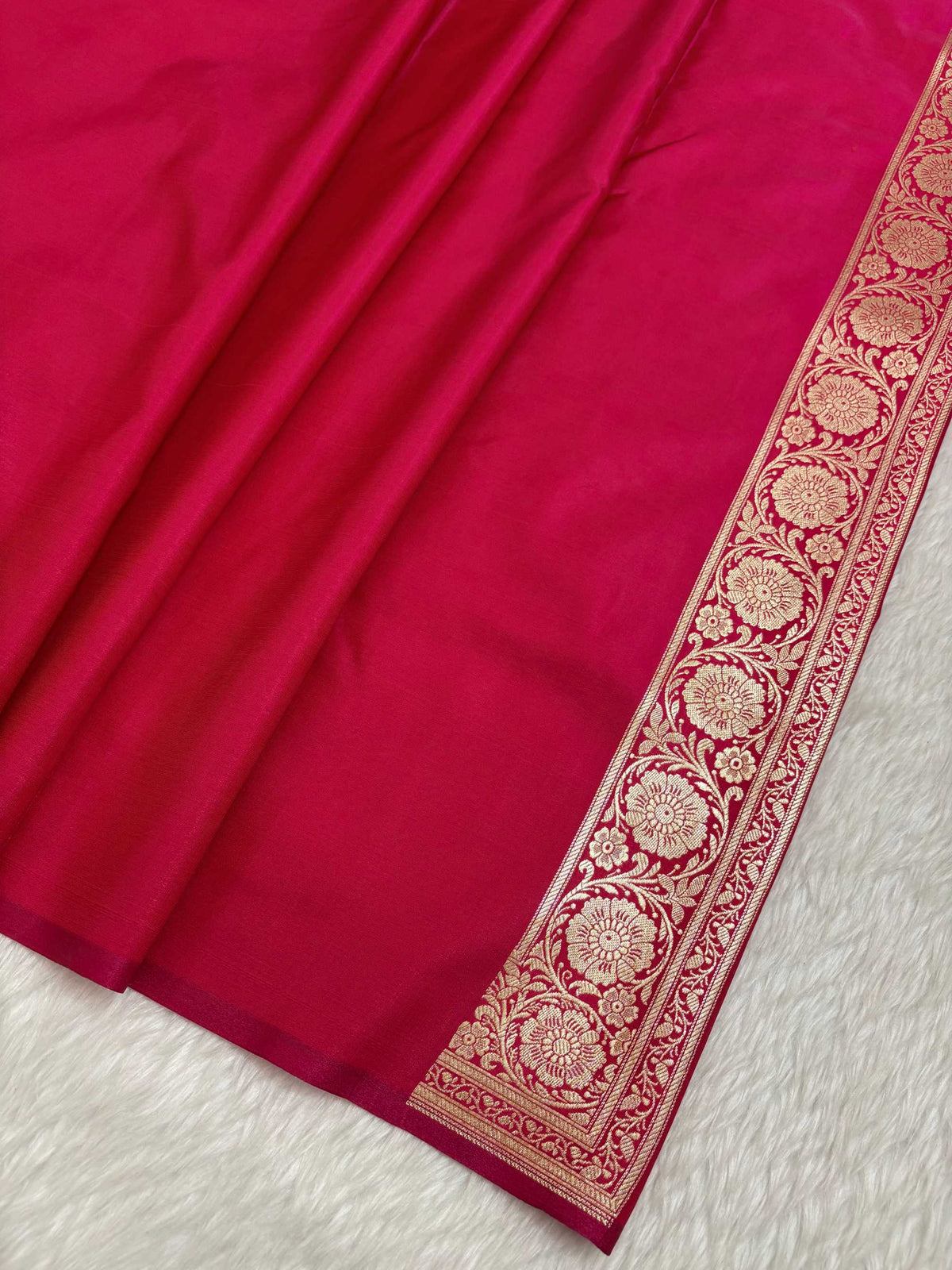 Rani Pink Satin Silk Banarasi Saree with Golden Zari Floral Bel Jaal