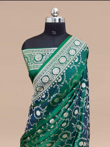 Teal Green Kataan Silk Banarasi Saree – Silver Zari Floral Jaal Pattern