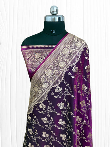 Wine Satin Silk Banarasi Saree with Jaal Pattern