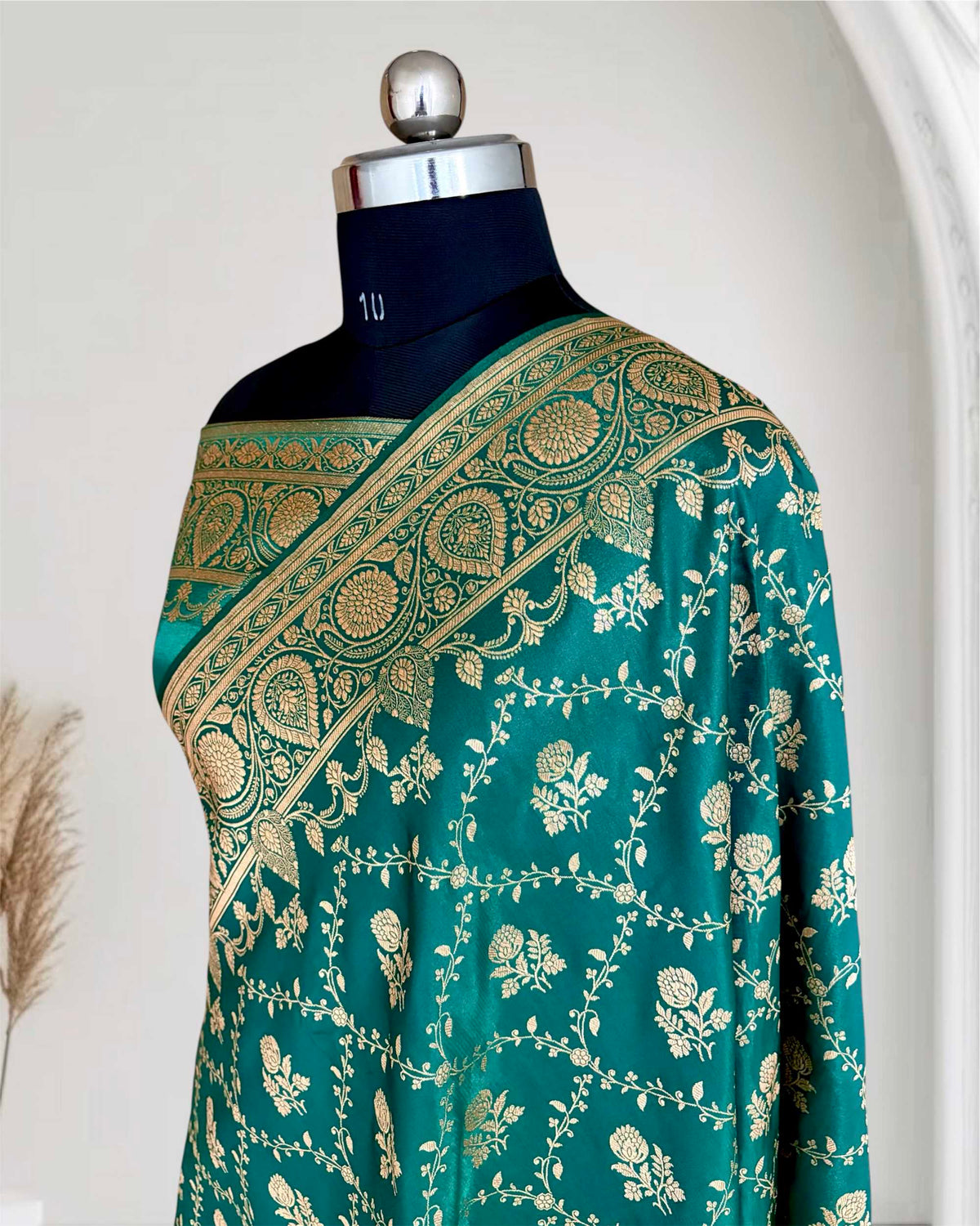 Rama Green Bel Jaal Satin Silk Banarasi Saree