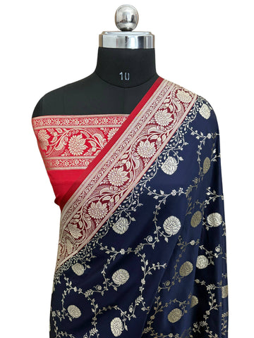 Blue with Red Pallu & Border Kataan Silk Banarasi Saree