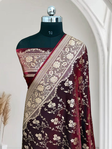 Dark Maroon Satin Silk Banarasi Saree with Jaal Pattern