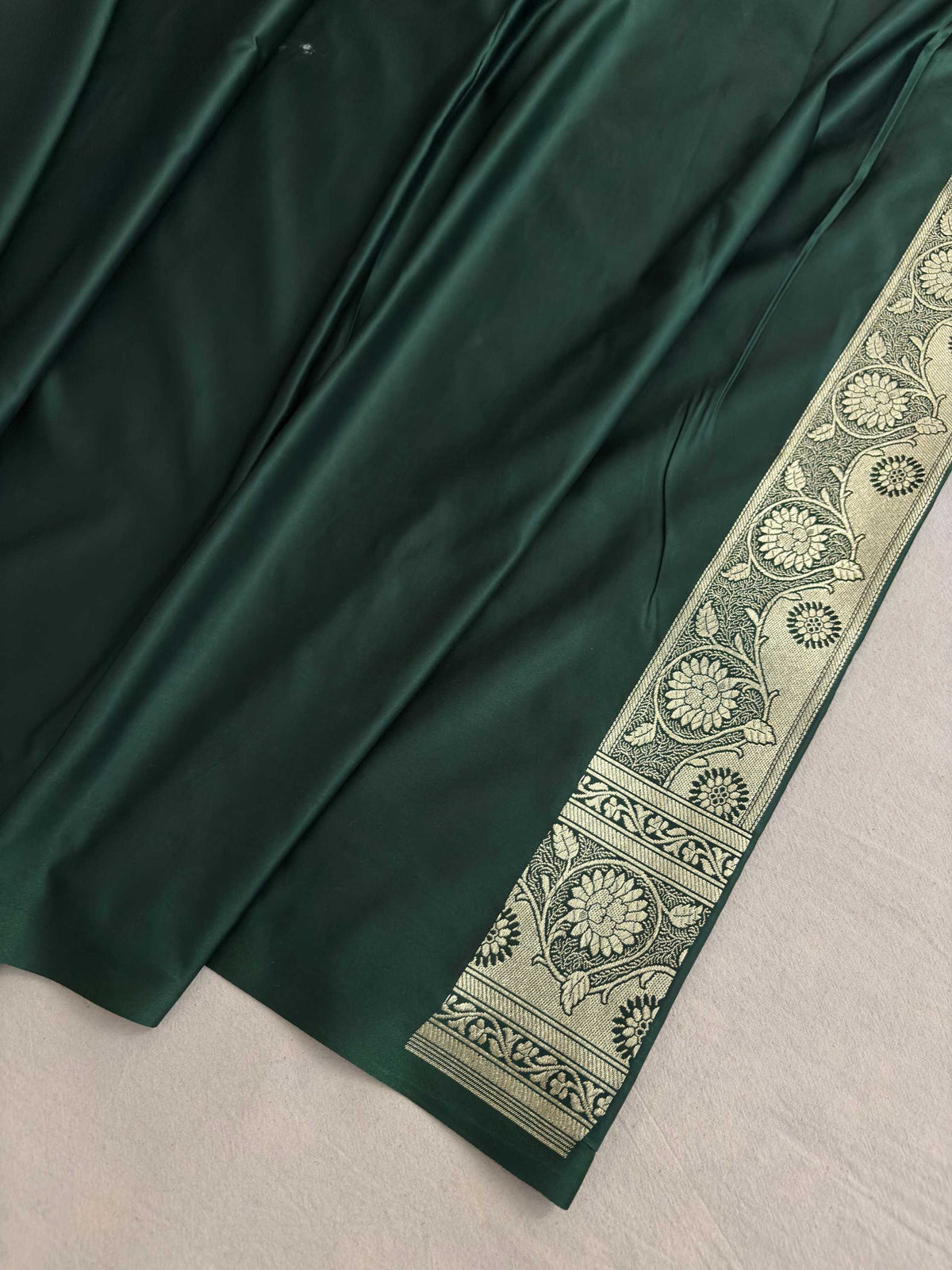 Deep Bottle Green Soft Kataan Silk Banarasi Saree Light Gold Work