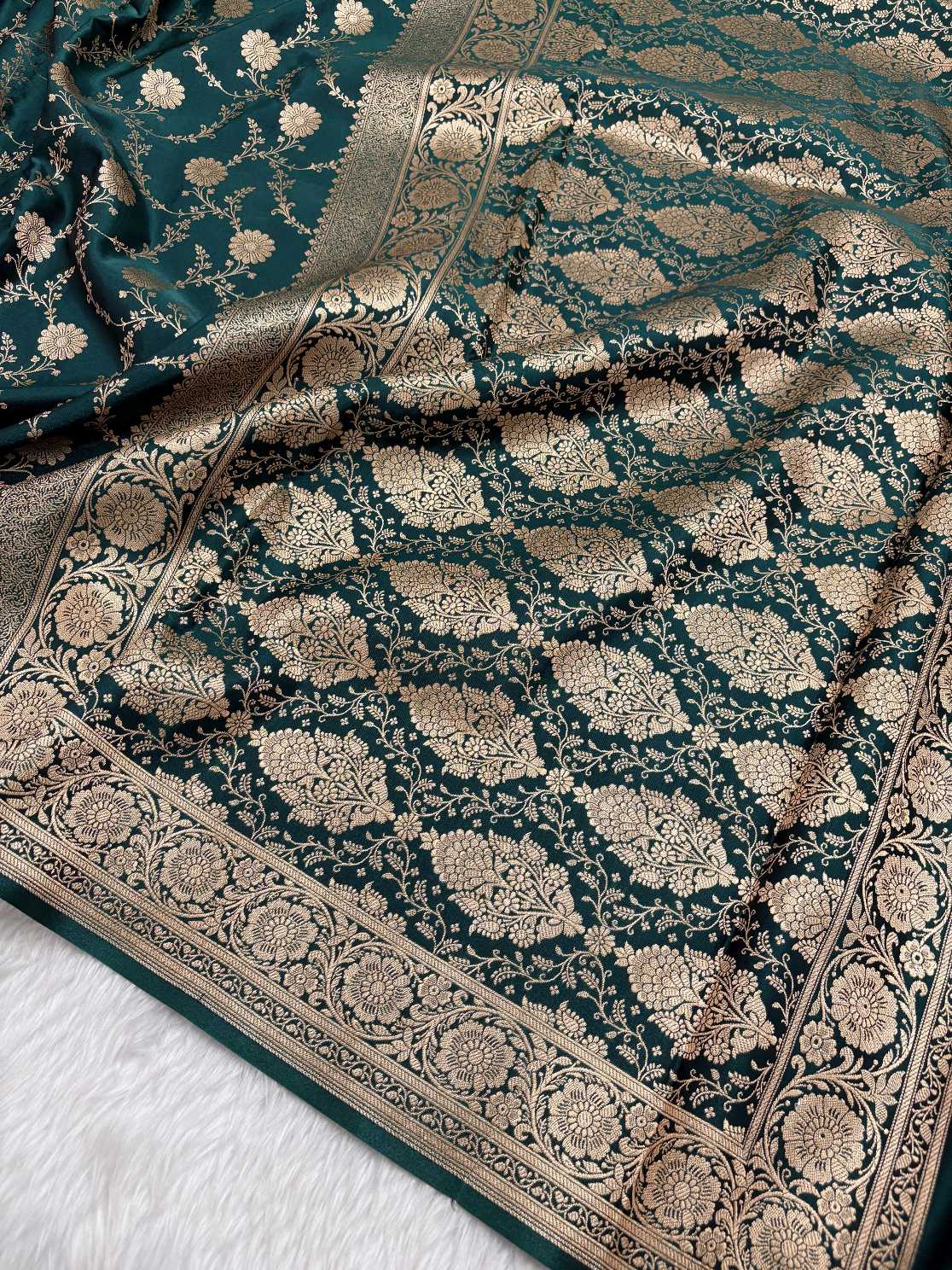 Teal Green Satin Silk Banarasi Saree with Golden Zari Floral Bel Jaal