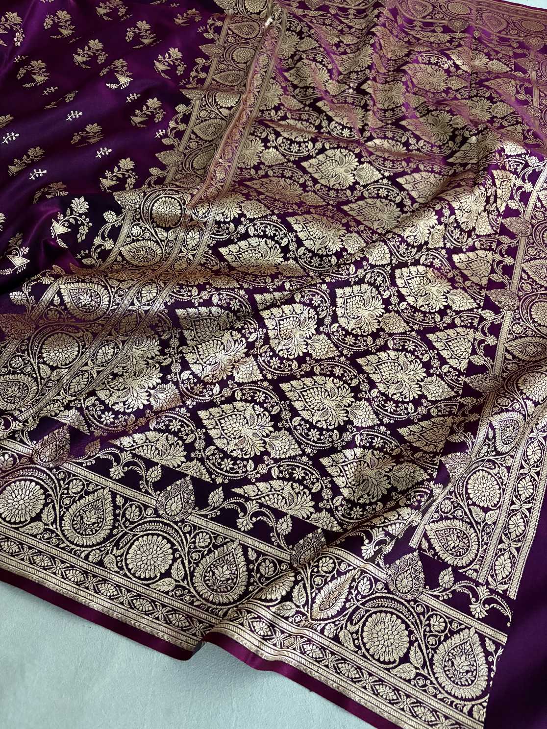 Wine Shaded Fancy Motif Satin Silk Banarasi Saree