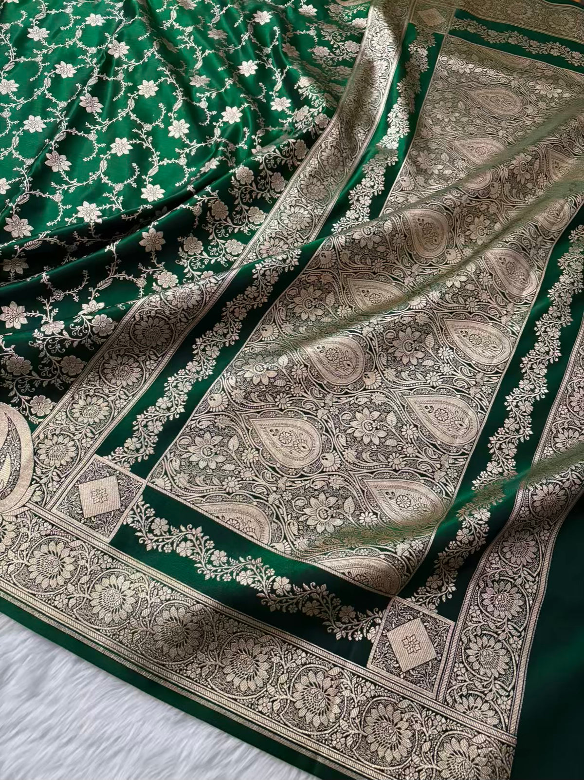 Botel Green Satin Silk Banarasi Saree Floral Swarna Latika Jaal