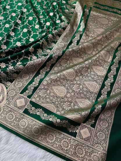 Botel Green Satin Silk Banarasi Saree Floral Swarna Latika Jaal