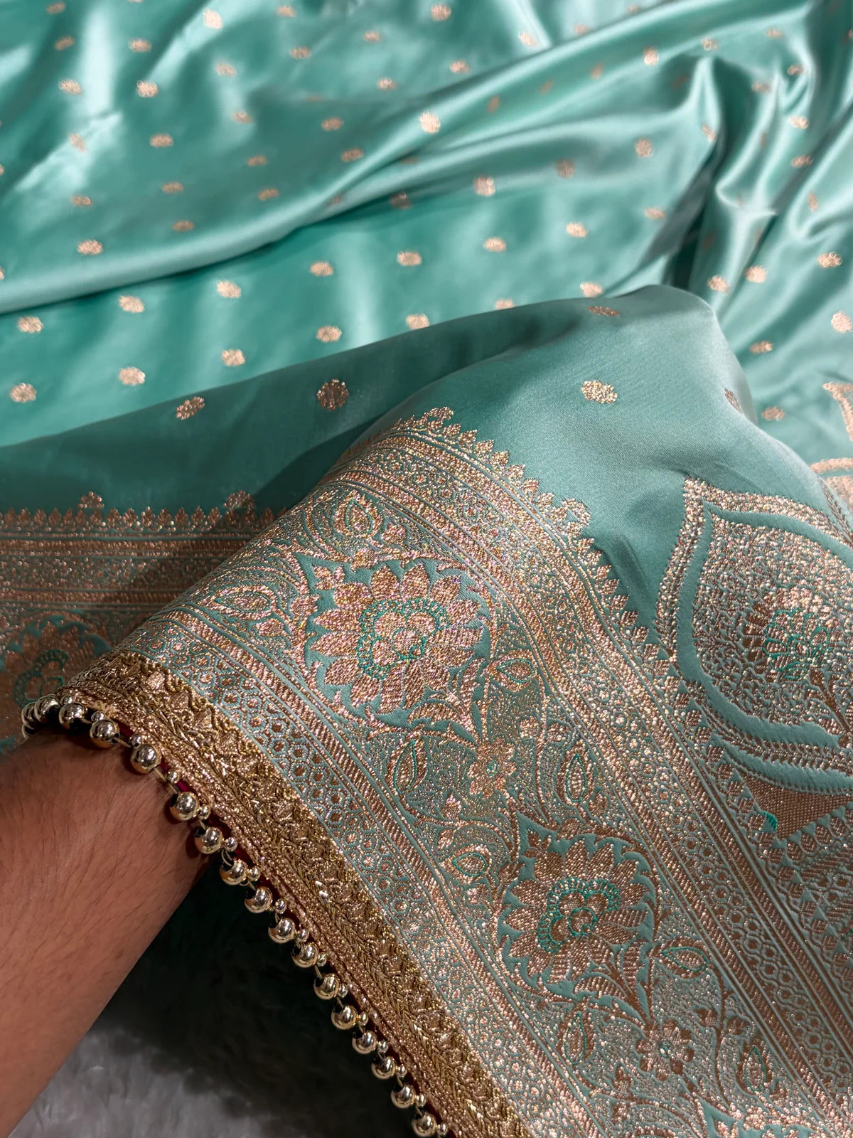 Pastel SeaGreen Satin Katan Silk Saree With Gotta Patti