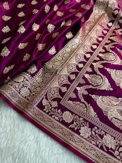 Wine Shaded New Motif Satin Silk Banarasi Saree.
