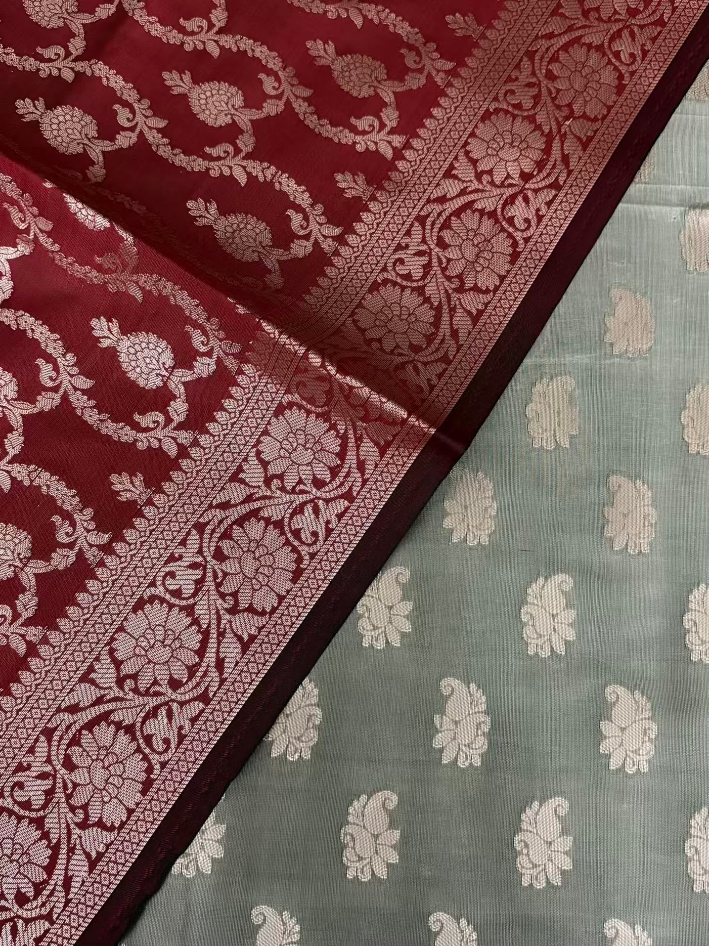 Red and Pista Satin Silk Banarasi Suit