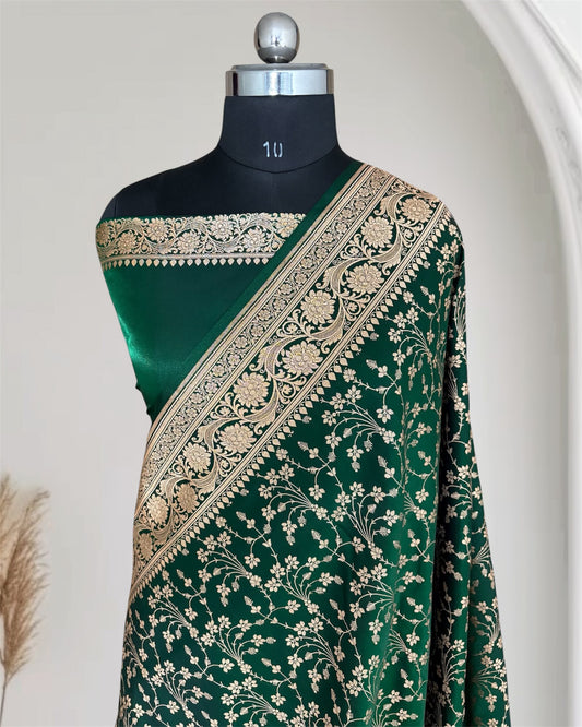 Heavy Jaal Satin Silk Banarasi Saree Botel Green Shades