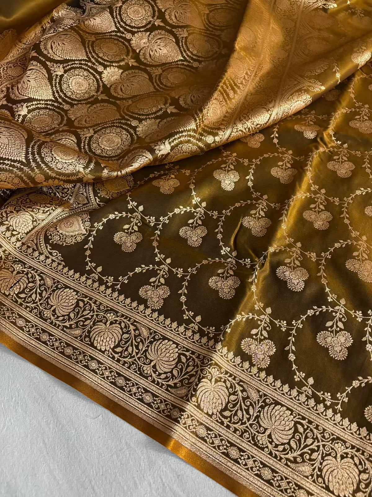 Satin Silk Saree Banarasi Jaal in Mehendi Shades