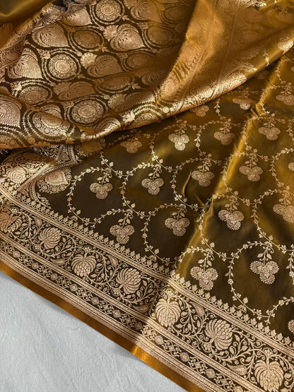 Satin Silk Saree Banarasi Jaal in Mehendi Shades