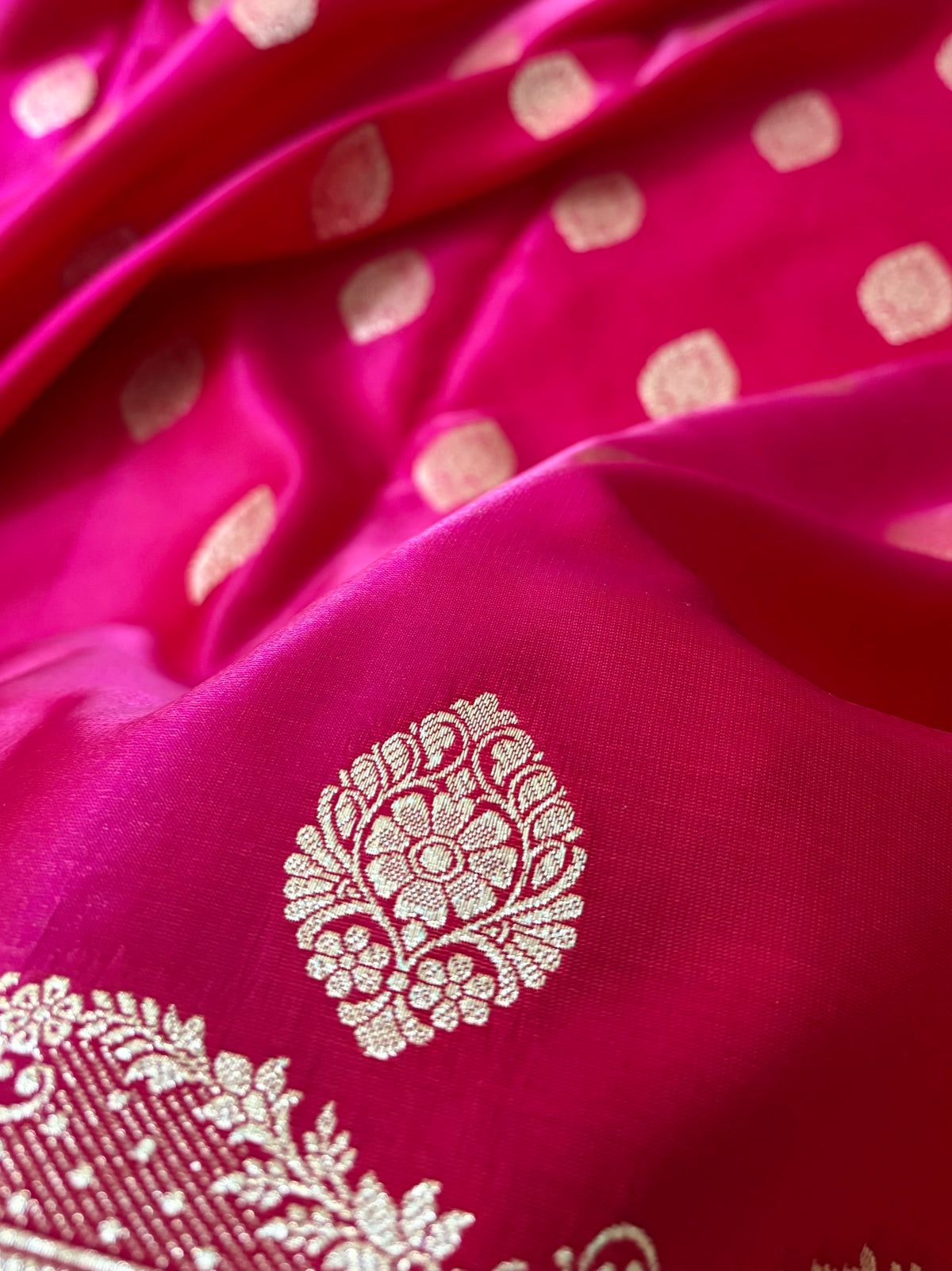 Rani Pink Satin Silk Banarasi Saree Jhaad Motif
