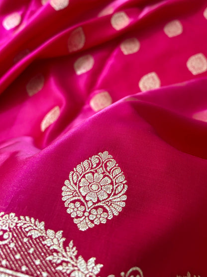 Rani Pink Satin Silk Banarasi Saree Jhaad Motif