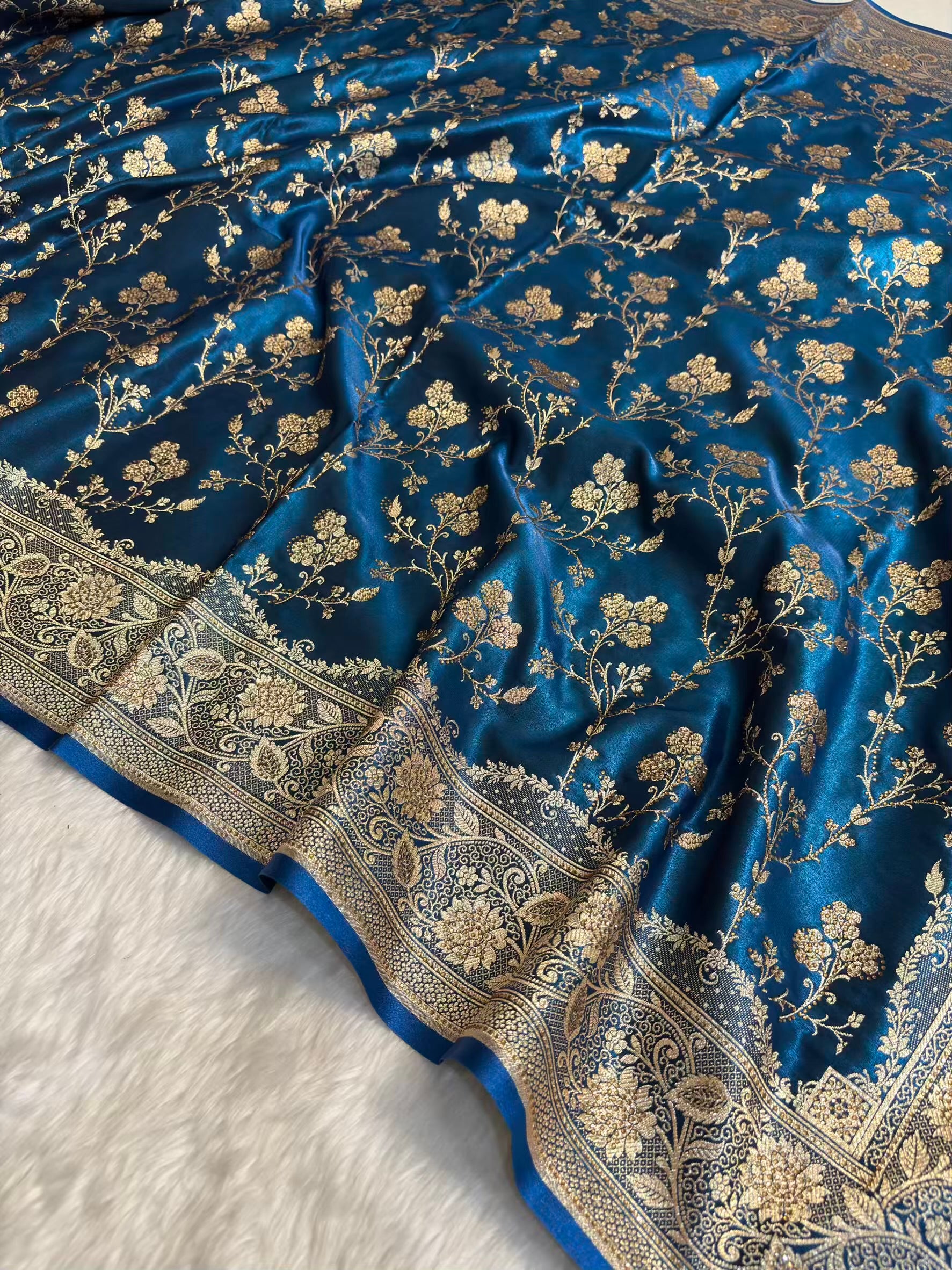 Teal Blue With Swarovski Stone Work Jaal Pattern Satin Silk Saree