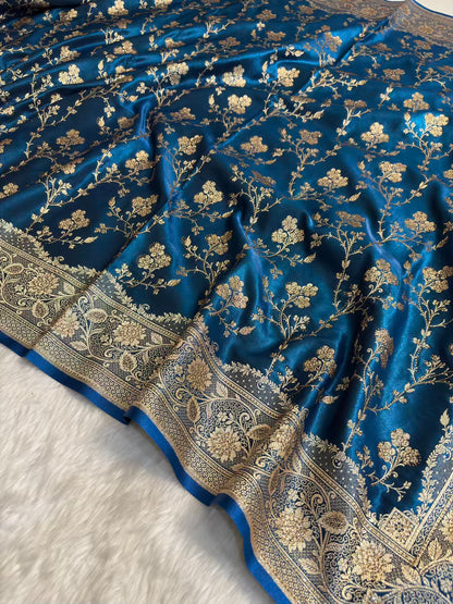 Teal Blue With Swarovski Stone Work Jaal Pattern Satin Silk Saree