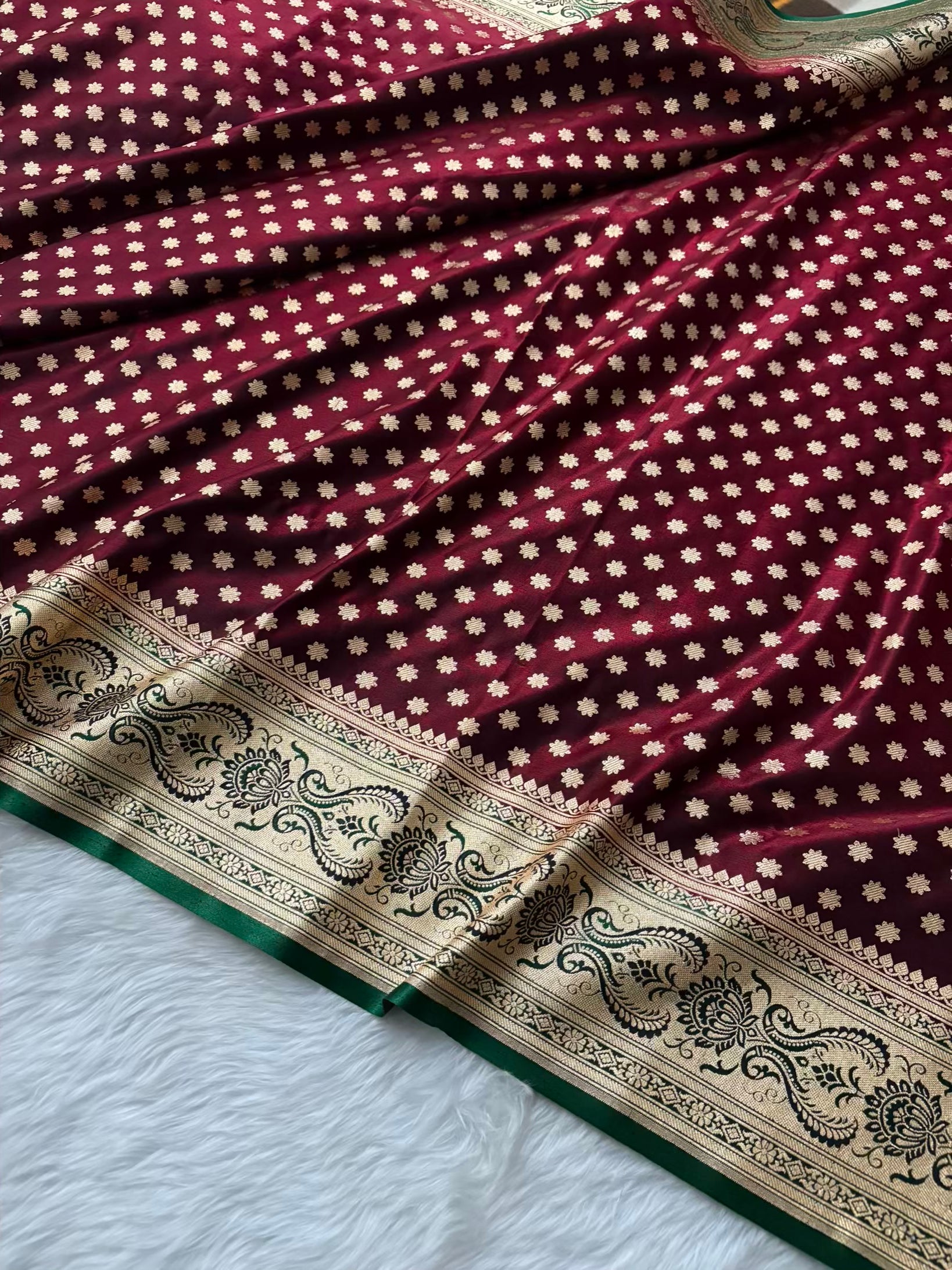 Dark Maroon With Green Contrast Satin Silk Banarasi Saree