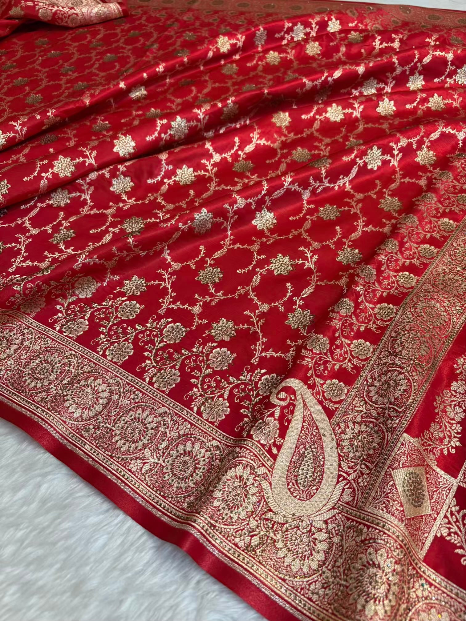 Satin Silk Saree Banarasi Swarovski Work Jaal in Red Shades